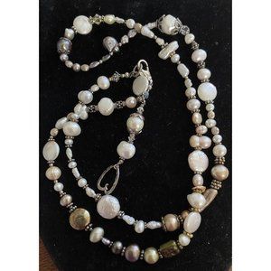 Genuine Baroque Coin Salt Water Pearls Crystals Necklace Sterling Silver